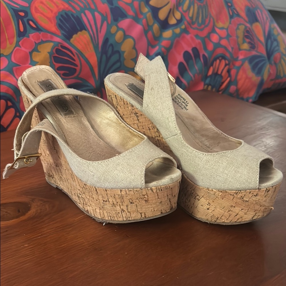Steve Madden Cream Wedge Sandals with Cork Platform